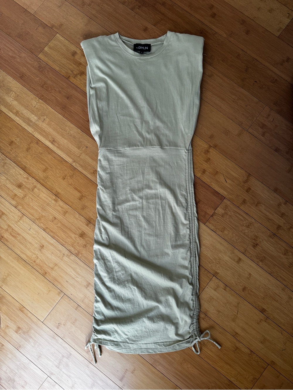 BY.DYLN midi sage jersey dress shoulder pads, adjustable ruched side drawstrings